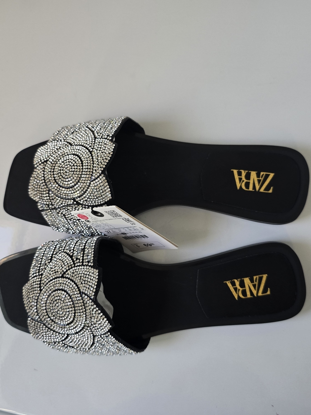 Zara Black Slide Mules with Silver Rhinestone Floral Accents